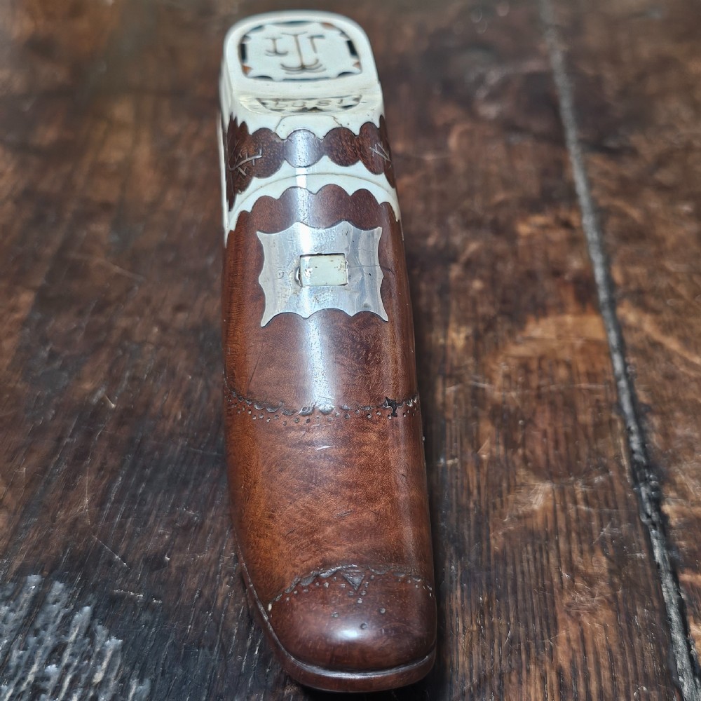 Exquisite Rare Dated Very Large 19thc Inlaid Treen Novelty Snuff/Tobacco Box Formed as a Shoe View VIII