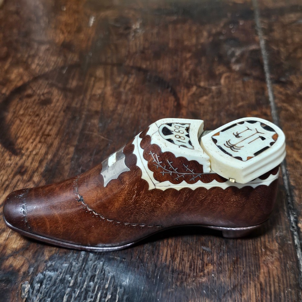 Exquisite Rare Dated Very Large 19thc Inlaid Treen Novelty Snuff/Tobacco Box Formed as a Shoe View IX
