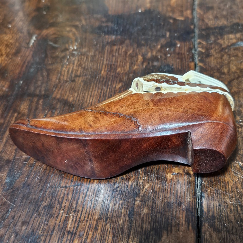 Exquisite Rare Dated Very Large 19thc Inlaid Treen Novelty Snuff/Tobacco Box Formed as a Shoe View X