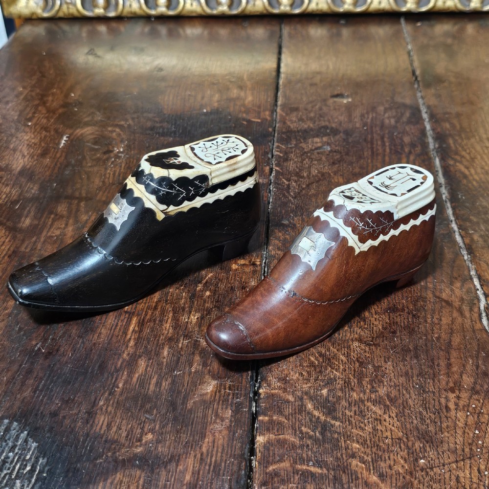 Exquisite Rare Dated Very Large 19thc Inlaid Treen Novelty Snuff/Tobacco Box Formed as a Shoe View XI
