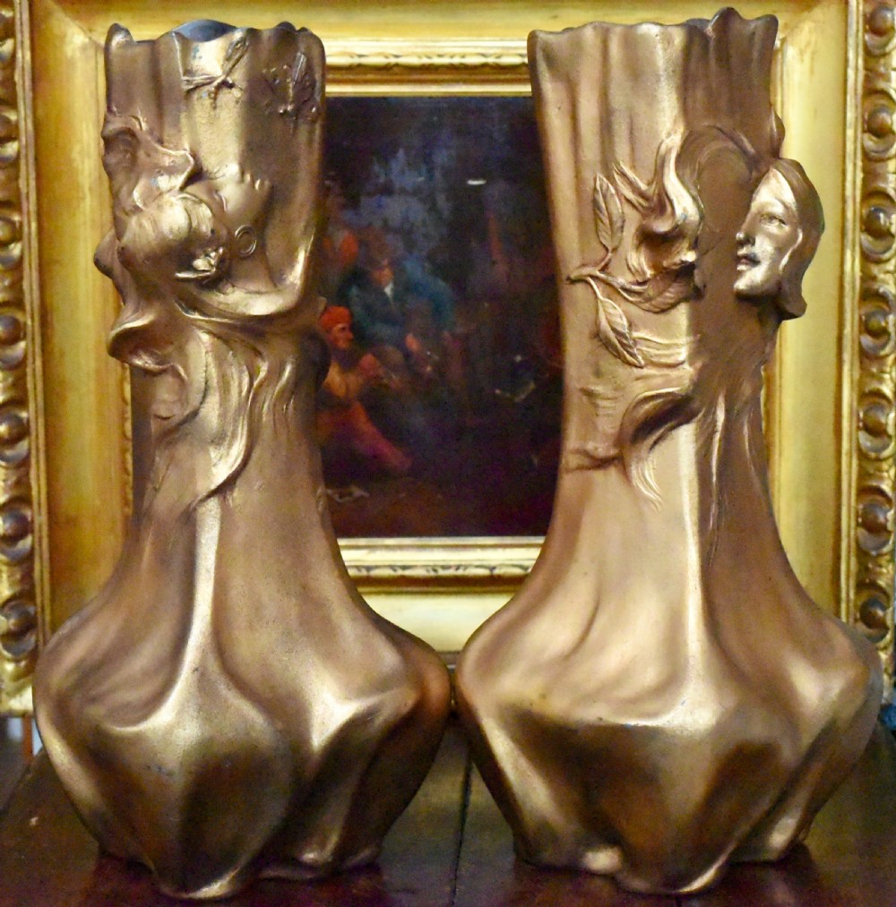 Stunning antique pair of circa 1900 bronzed art nouveau vases