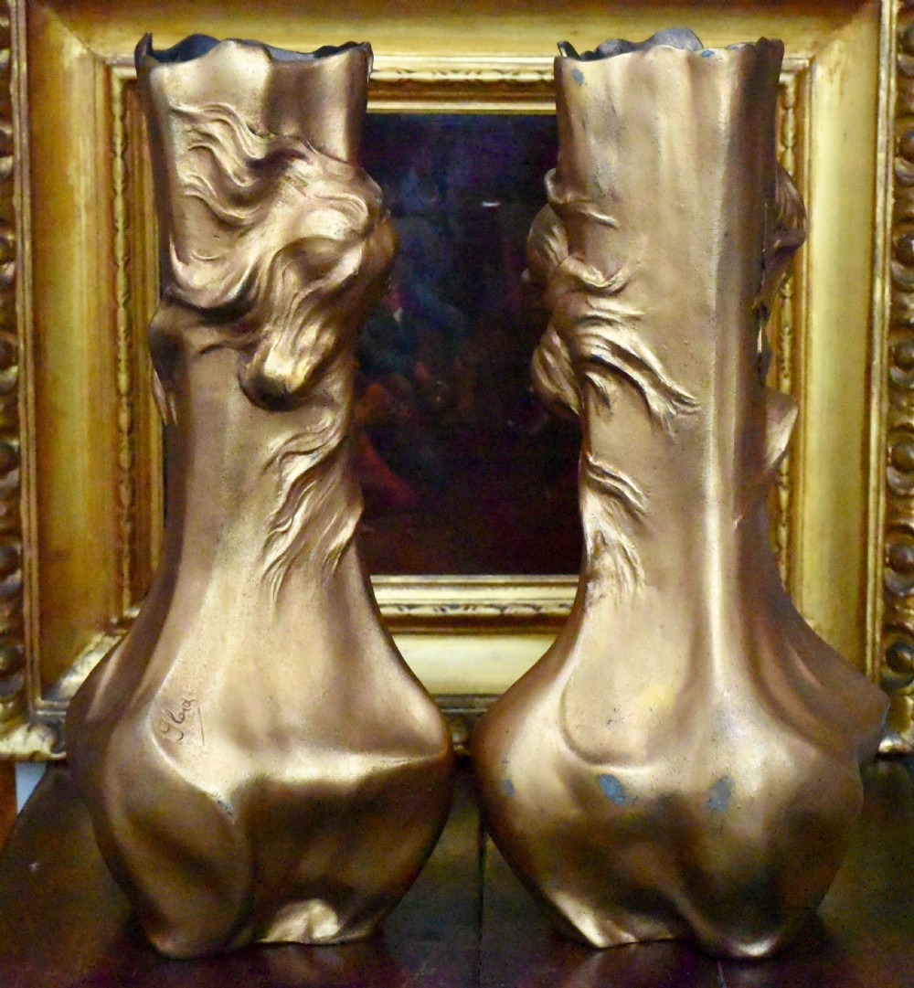 Stunning antique pair of circa 1900 bronzed art nouveau vases View II