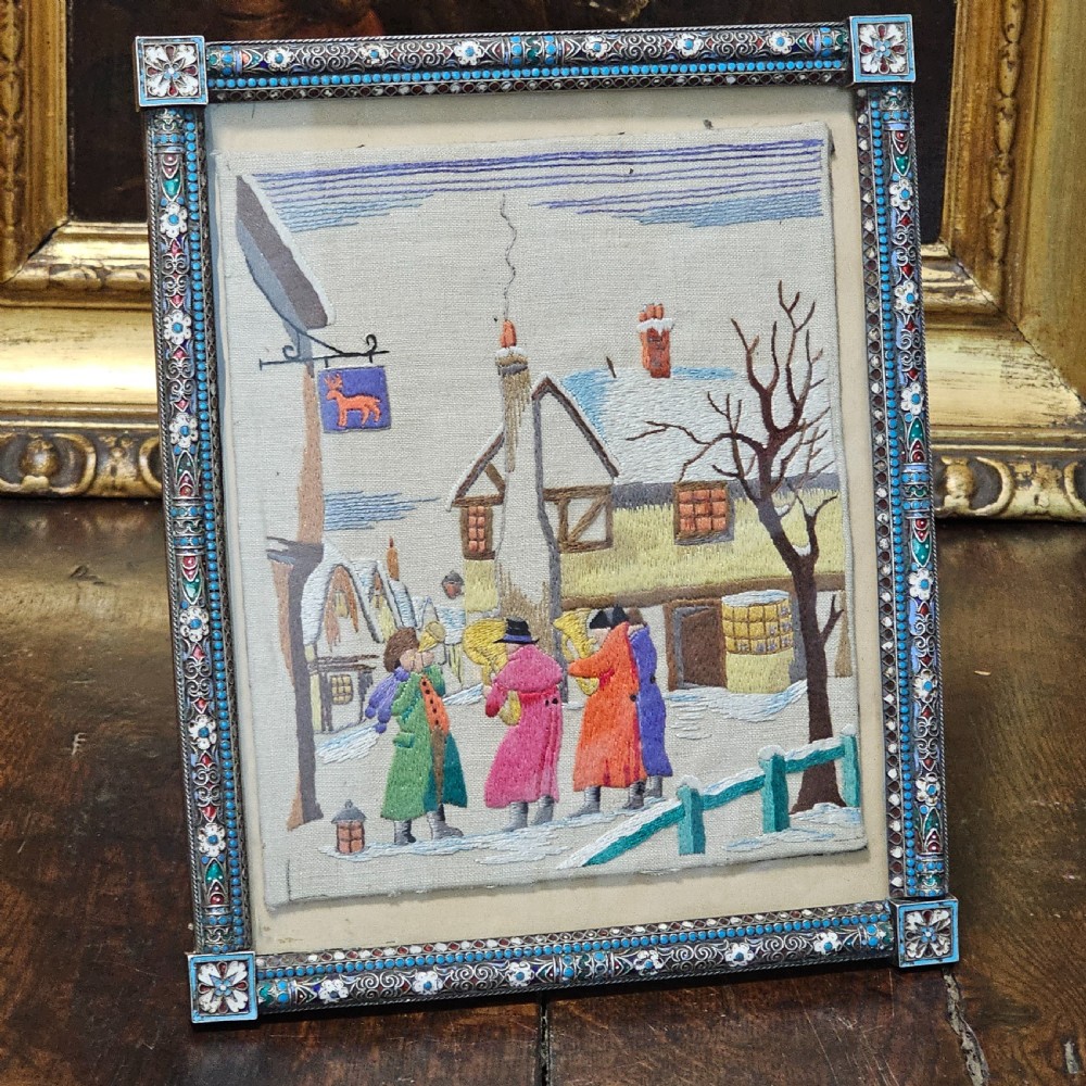 Fabulous Large 19thc Russian Silver & Enamel Frame with Embroidered Scene - Possibly Ivan Gubkin Silversmith