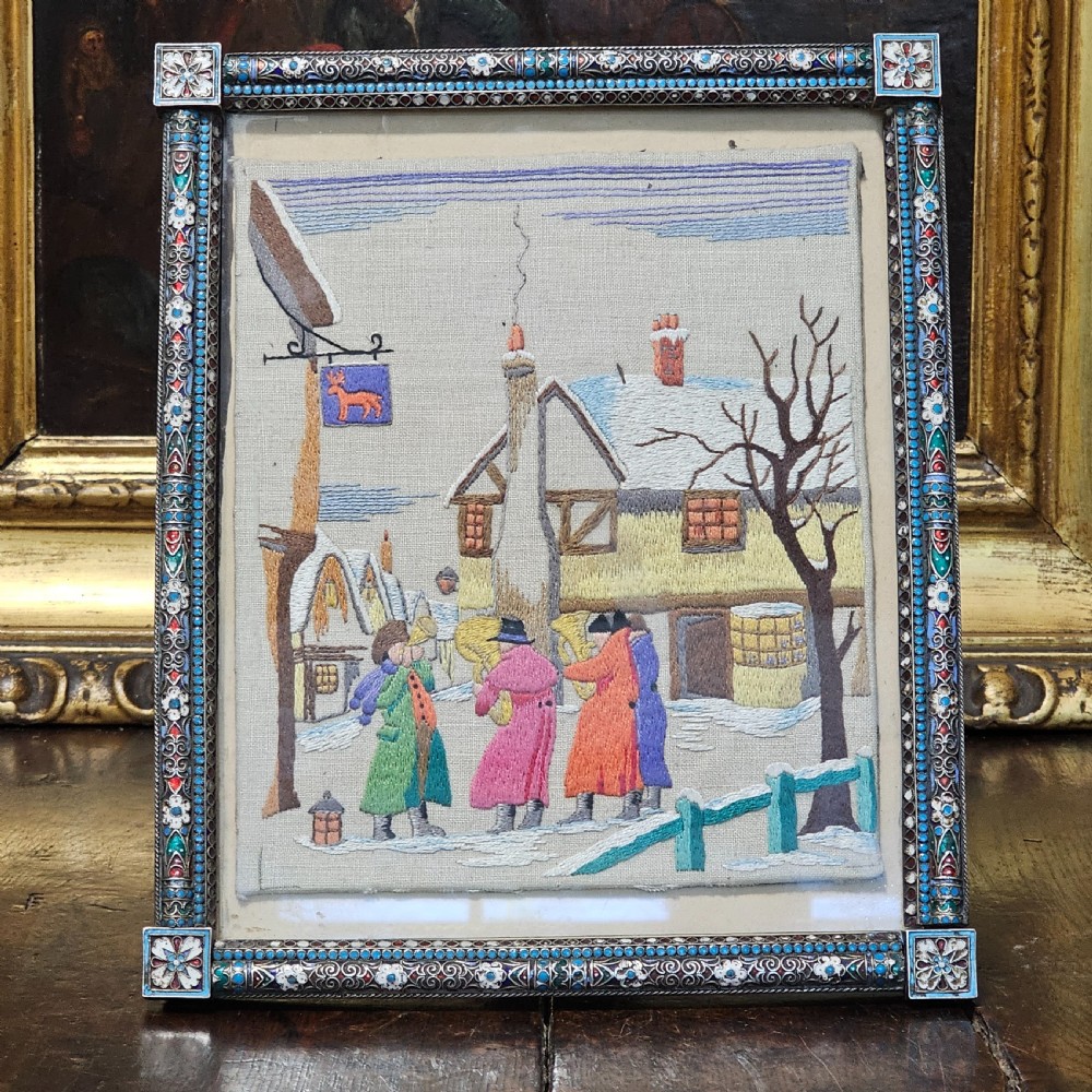 Fabulous Large 19thc Russian Silver & Enamel Frame with Embroidered Scene - Possibly Ivan Gubkin Silversmith View II