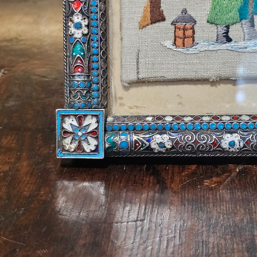 Fabulous Large 19thc Russian Silver & Enamel Frame with Embroidered Scene - Possibly Ivan Gubkin Silversmith View III