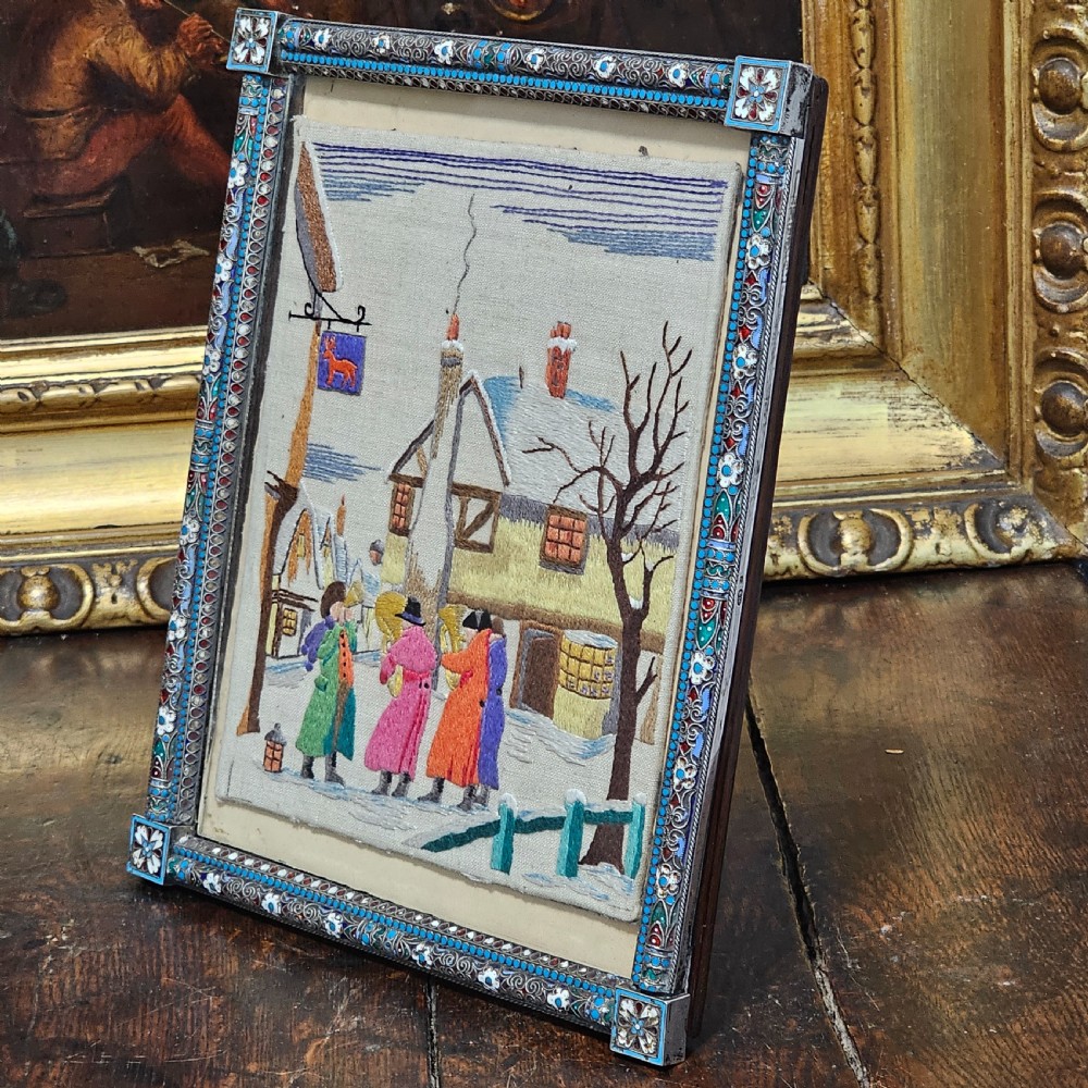 Fabulous Large 19thc Russian Silver & Enamel Frame with Embroidered Scene - Possibly Ivan Gubkin Silversmith View IV
