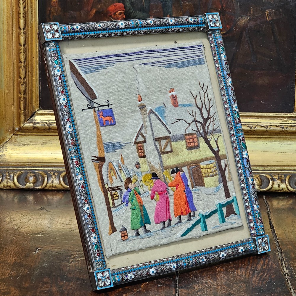 Fabulous Large 19thc Russian Silver & Enamel Frame with Embroidered Scene - Possibly Ivan Gubkin Silversmith View VII