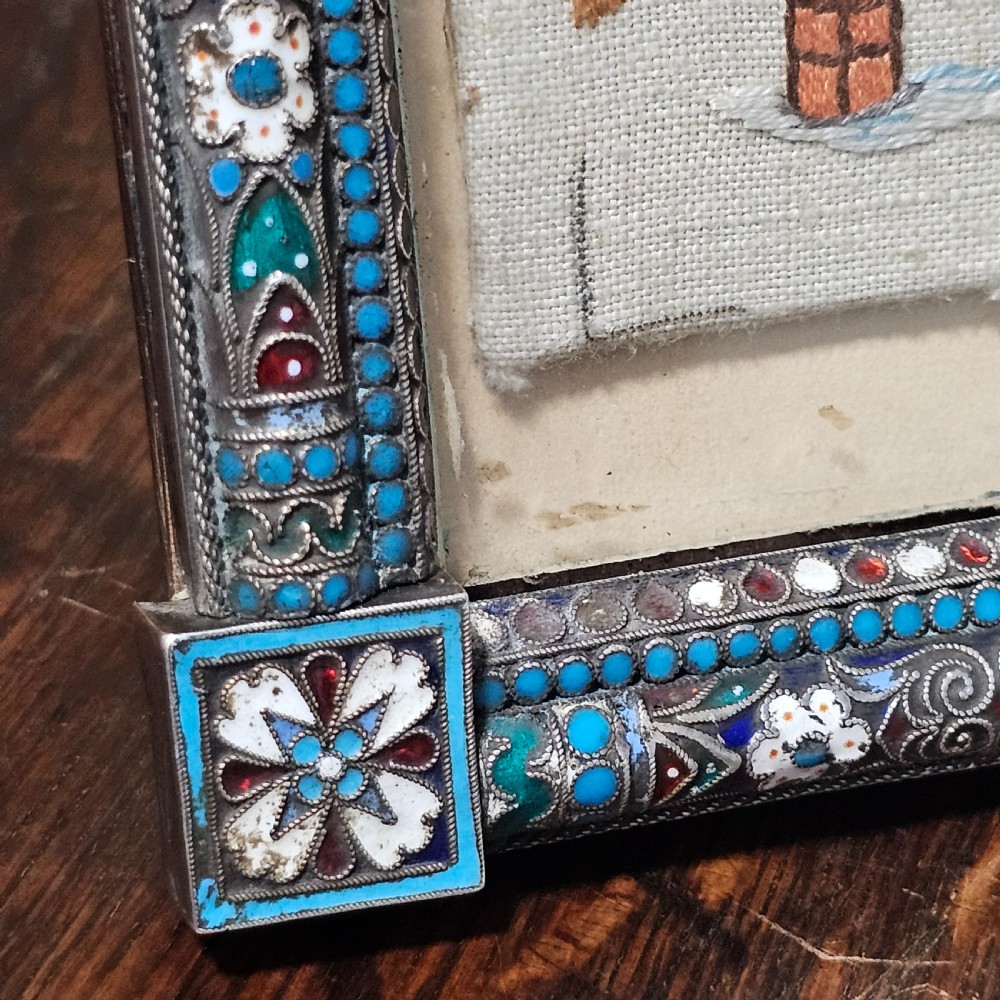 Fabulous Large 19thc Russian Silver & Enamel Frame with Embroidered Scene - Possibly Ivan Gubkin Silversmith View IX