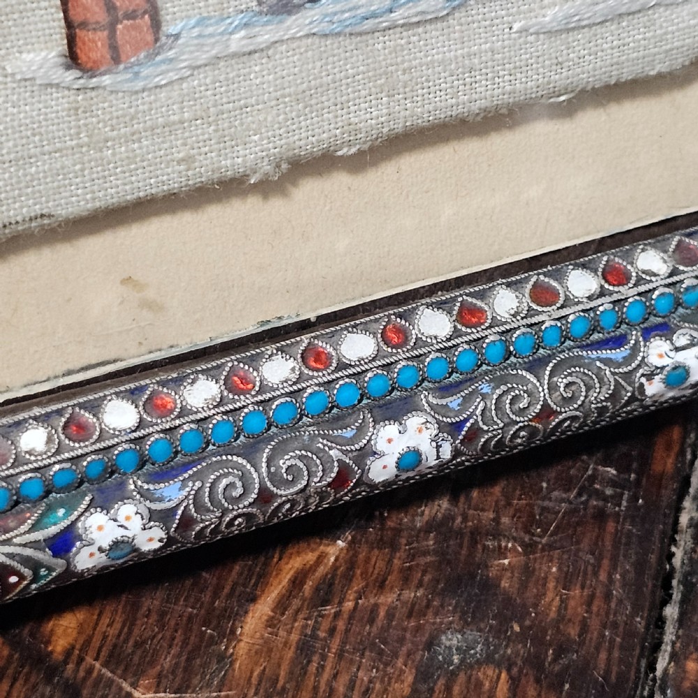 Fabulous Large 19thc Russian Silver & Enamel Frame with Embroidered Scene - Possibly Ivan Gubkin Silversmith View X