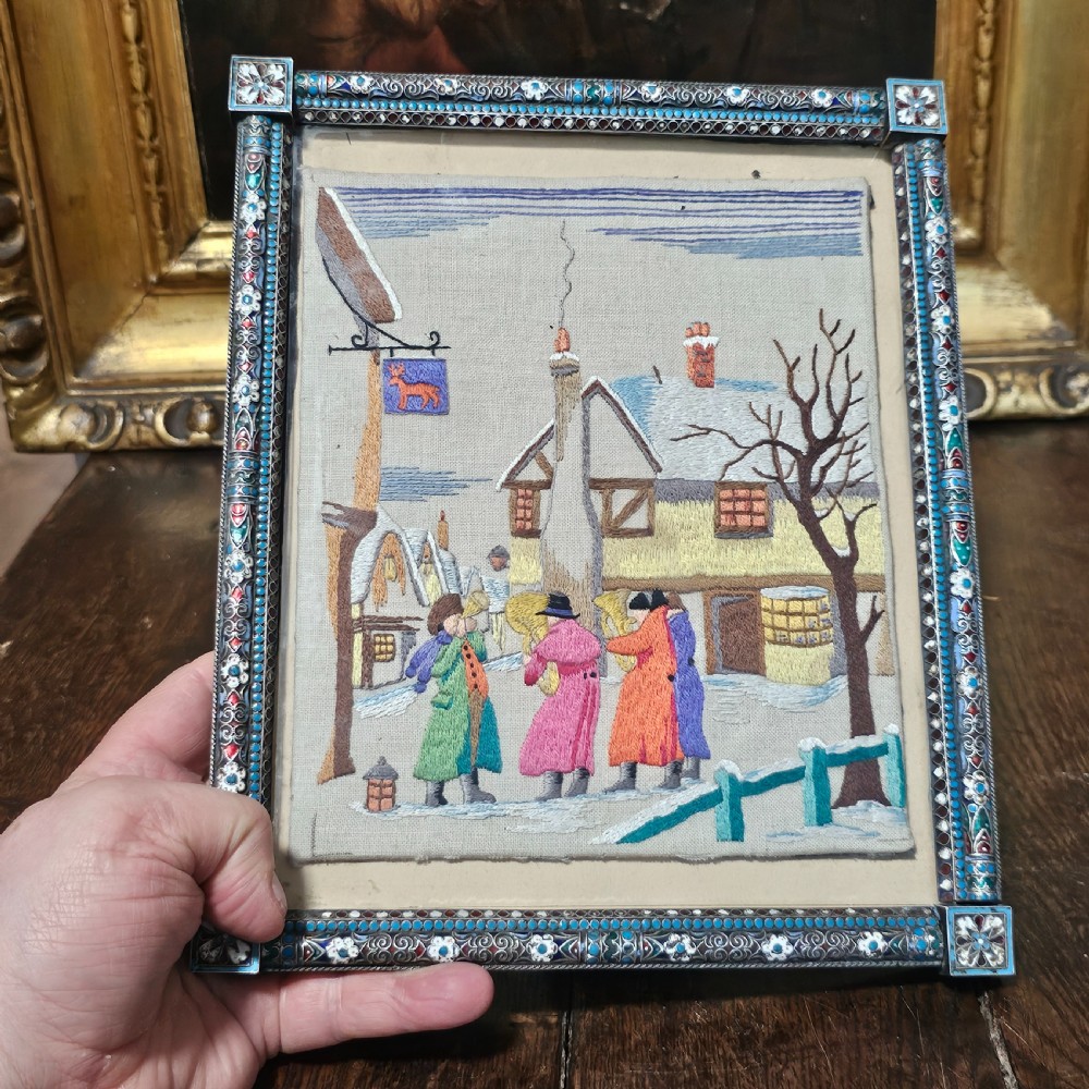 Fabulous Large 19thc Russian Silver & Enamel Frame with Embroidered Scene - Possibly Ivan Gubkin Silversmith View XII