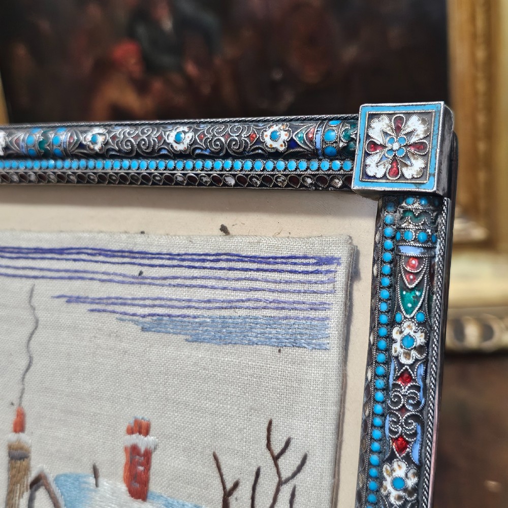 Fabulous Large 19thc Russian Silver & Enamel Frame with Embroidered Scene - Possibly Ivan Gubkin Silversmith View XIII