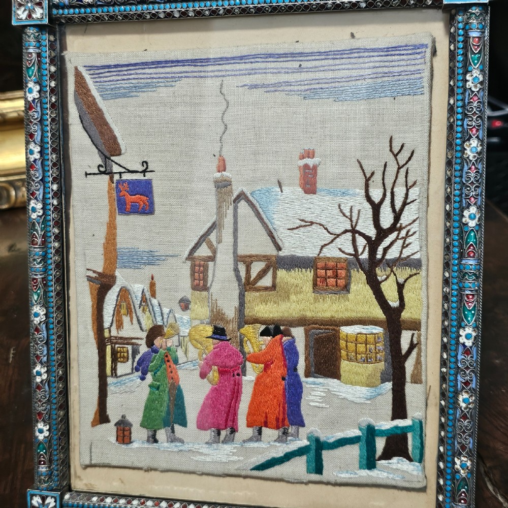 Fabulous Large 19thc Russian Silver & Enamel Frame with Embroidered Scene - Possibly Ivan Gubkin Silversmith View XIV