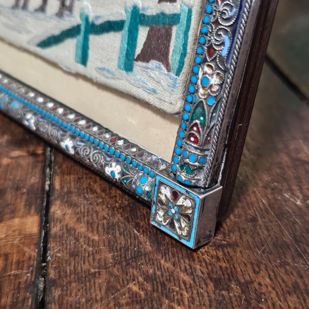 Fabulous Large 19thc Russian Silver & Enamel Frame with Embroidered Scene - Possibly Ivan Gubkin Silversmith View XVI