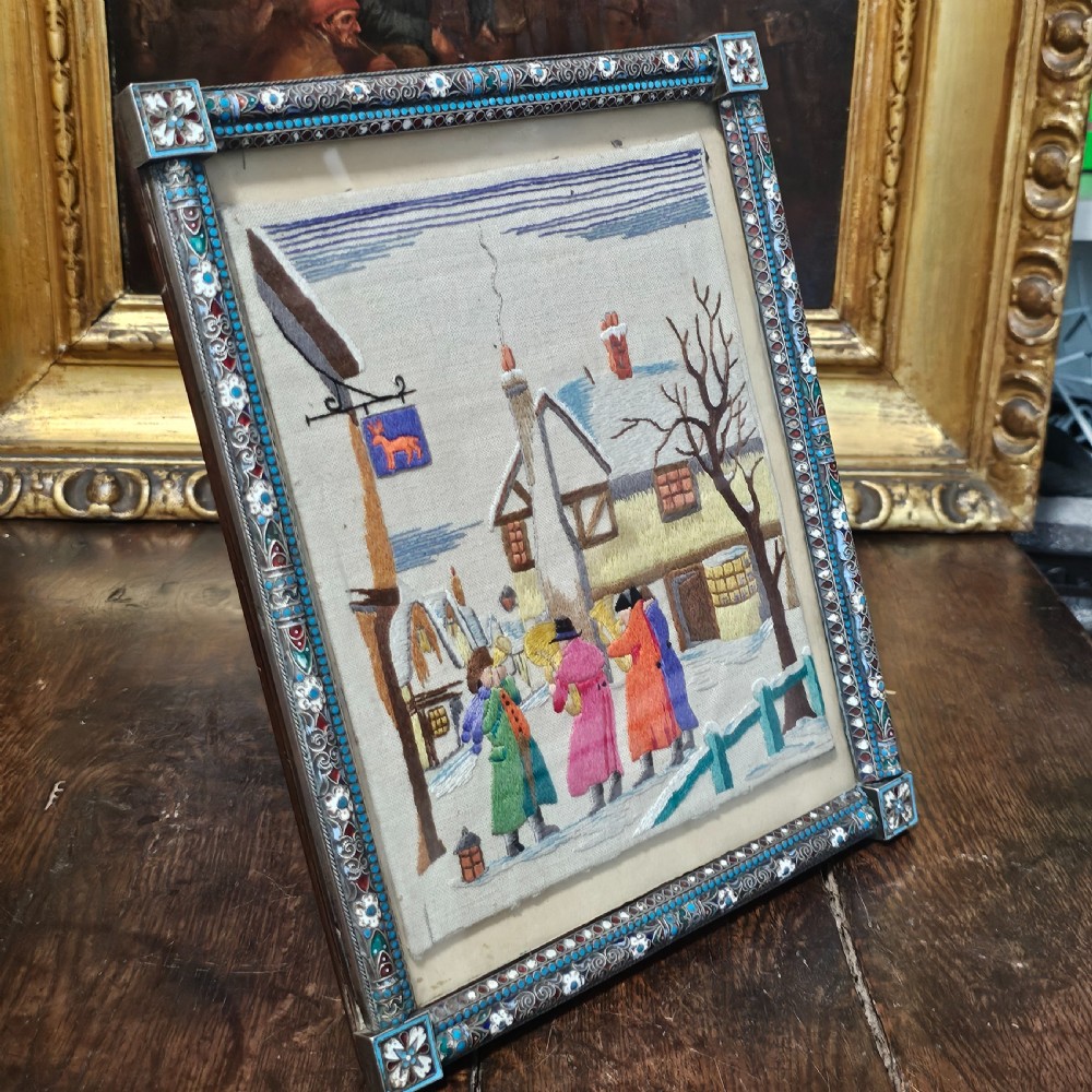 Fabulous Large 19thc Russian Silver & Enamel Frame with Embroidered Scene - Possibly Ivan Gubkin Silversmith View XVII