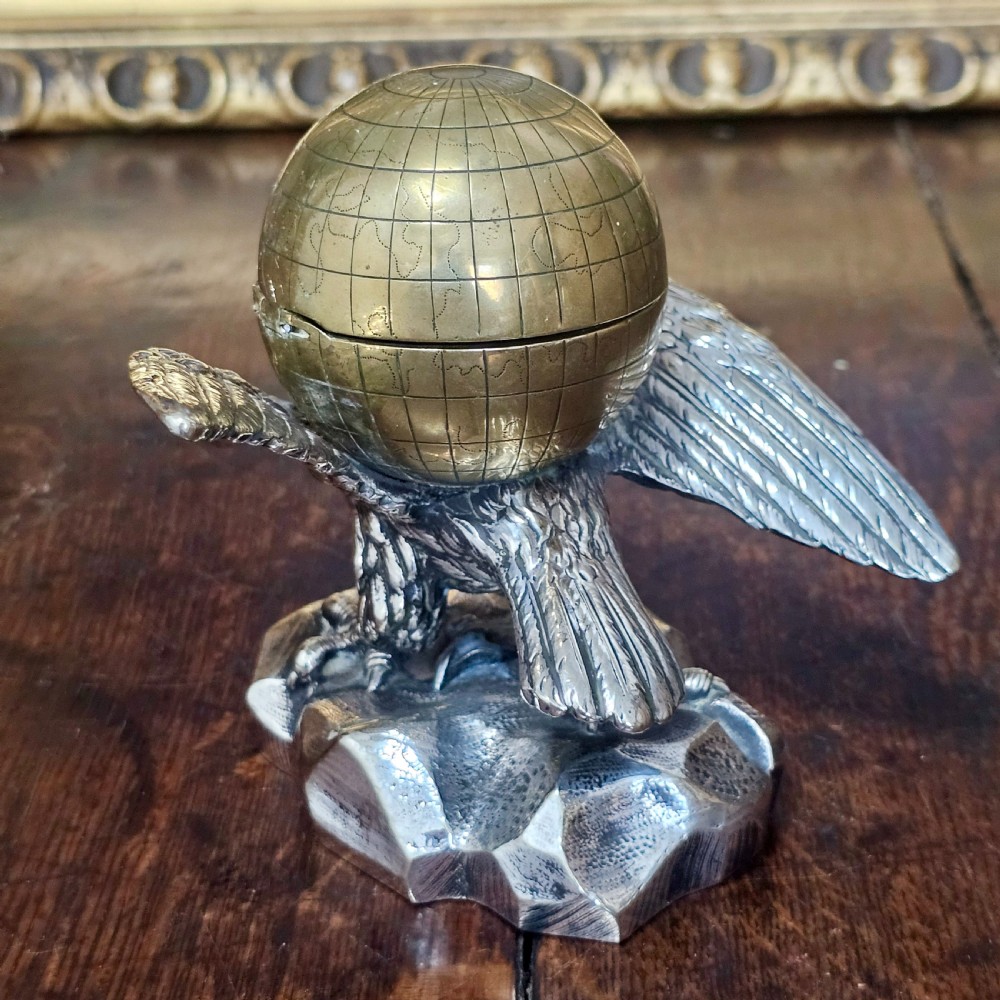 Fabulous 19thc Elkington & Co Electroplated and Brass Eagle & Globe Inkwell View VI
