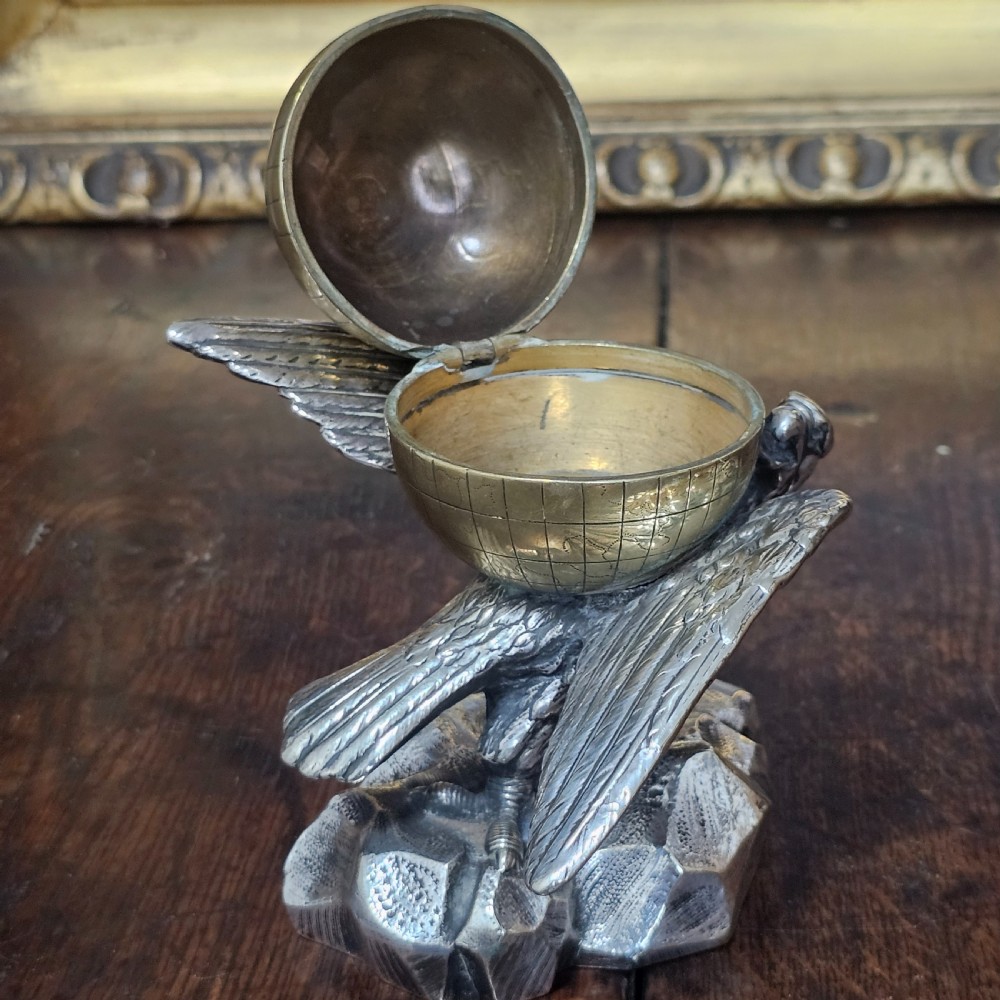 Fabulous 19thc Elkington & Co Electroplated and Brass Eagle & Globe Inkwell View IX