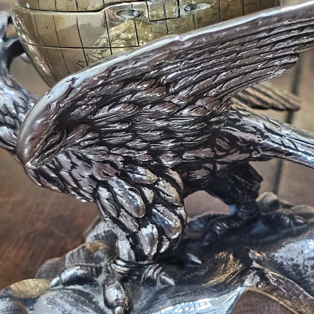 Fabulous 19thc Elkington & Co Electroplated and Brass Eagle & Globe Inkwell View X