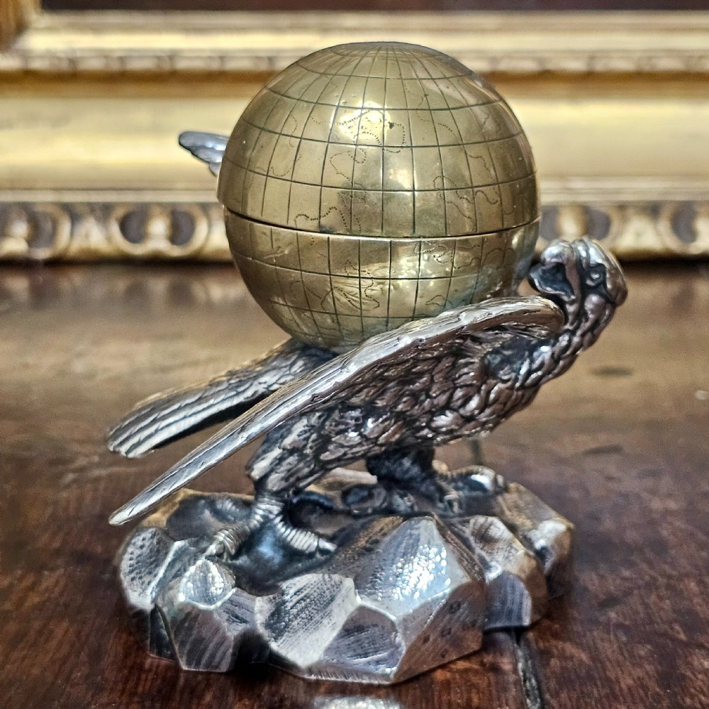 Fabulous 19thc Elkington & Co Electroplated and Brass Eagle & Globe Inkwell View XI