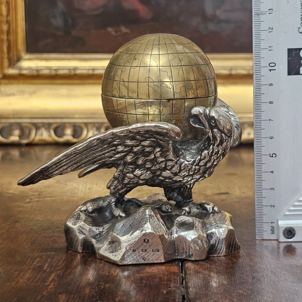 Fabulous 19thc Elkington & Co Electroplated and Brass Eagle & Globe Inkwell View XII