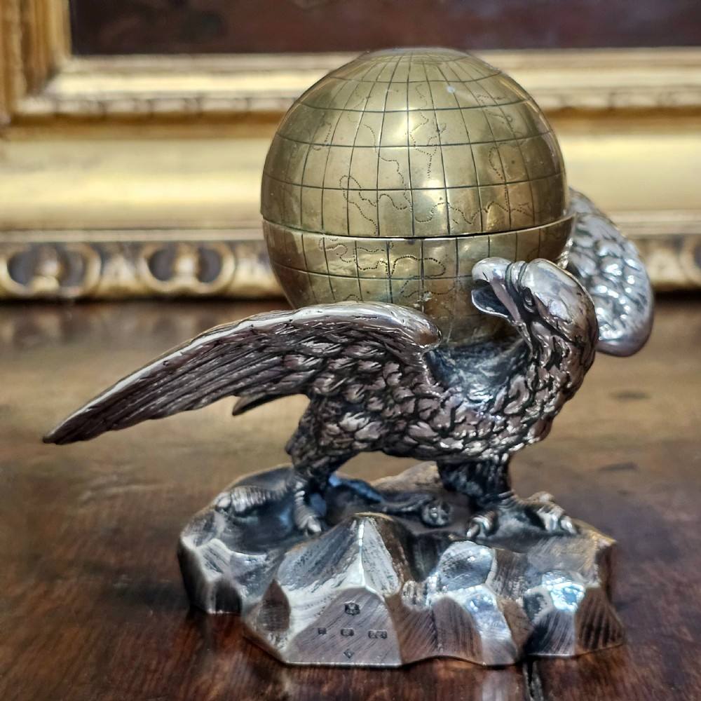 Fabulous 19thc Elkington & Co Electroplated and Brass Eagle & Globe Inkwell View XIV