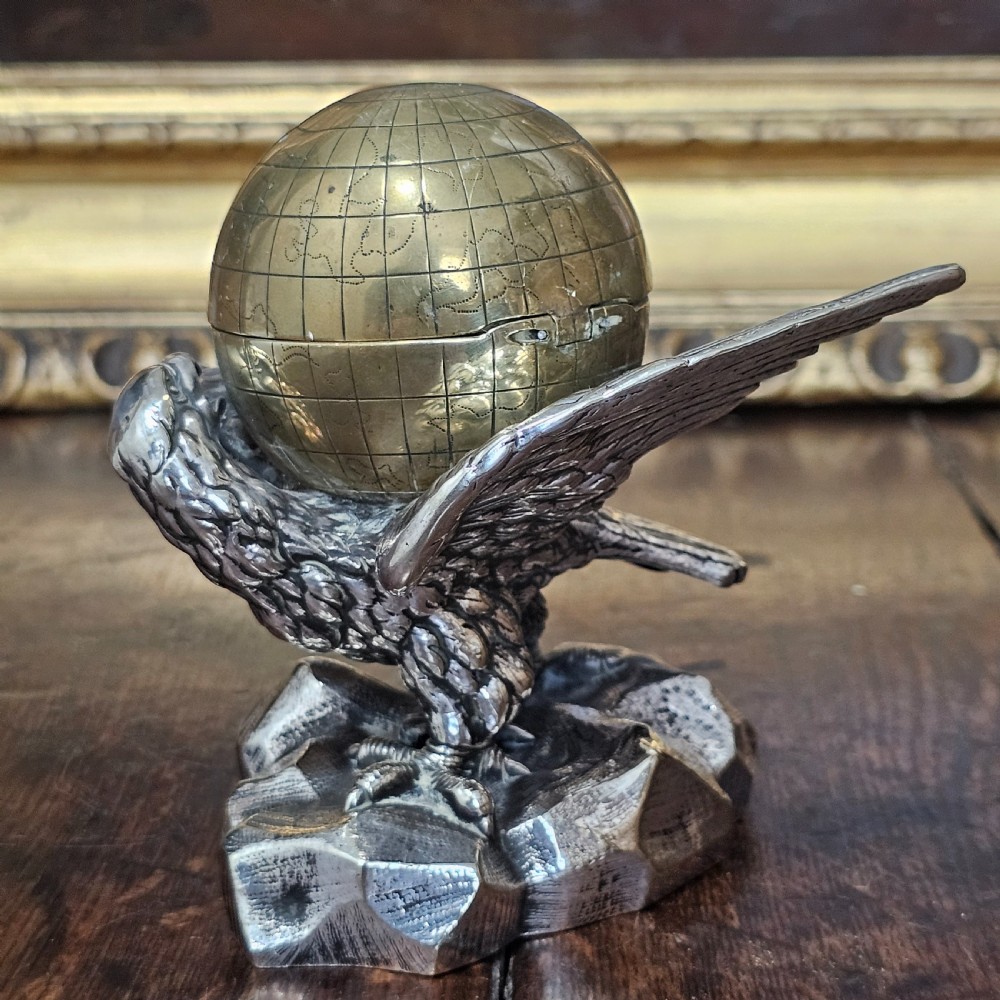 Fabulous 19thc Elkington & Co Electroplated and Brass Eagle & Globe Inkwell View XV