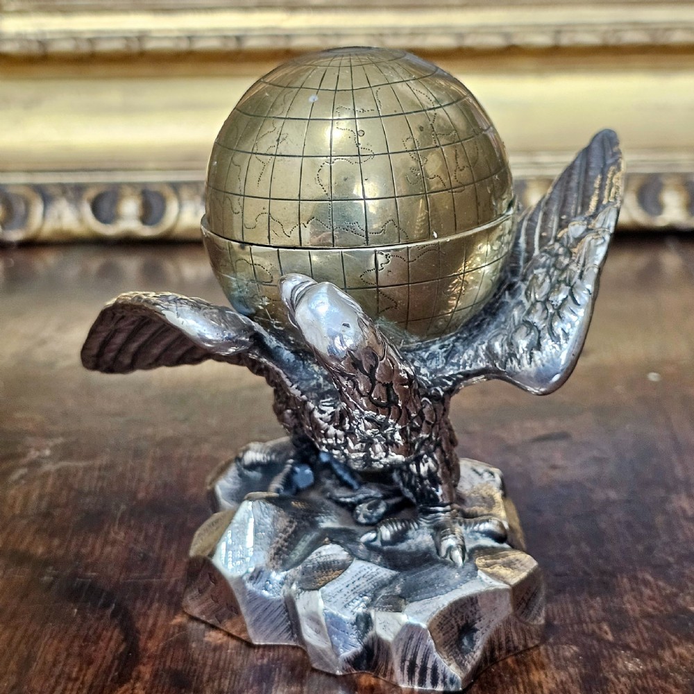 Fabulous 19thc Elkington & Co Electroplated and Brass Eagle & Globe Inkwell View XVII