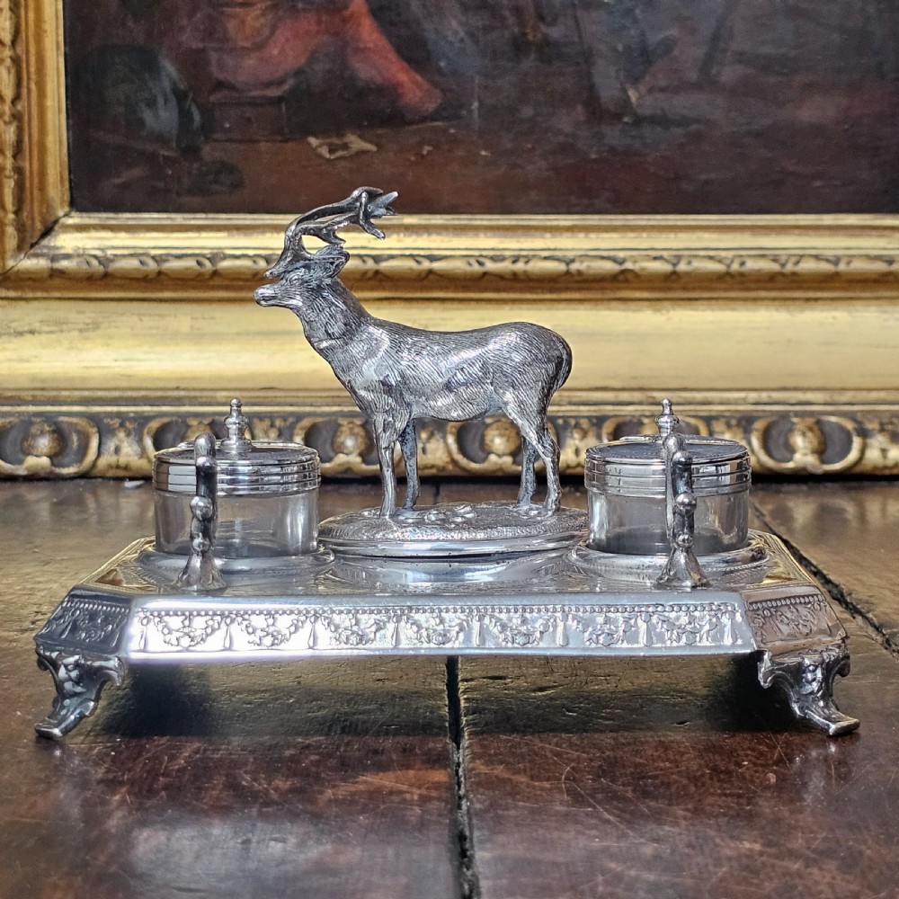 Superb James Deakin Silver Plated Stag Inkstand and Inkwells c1900