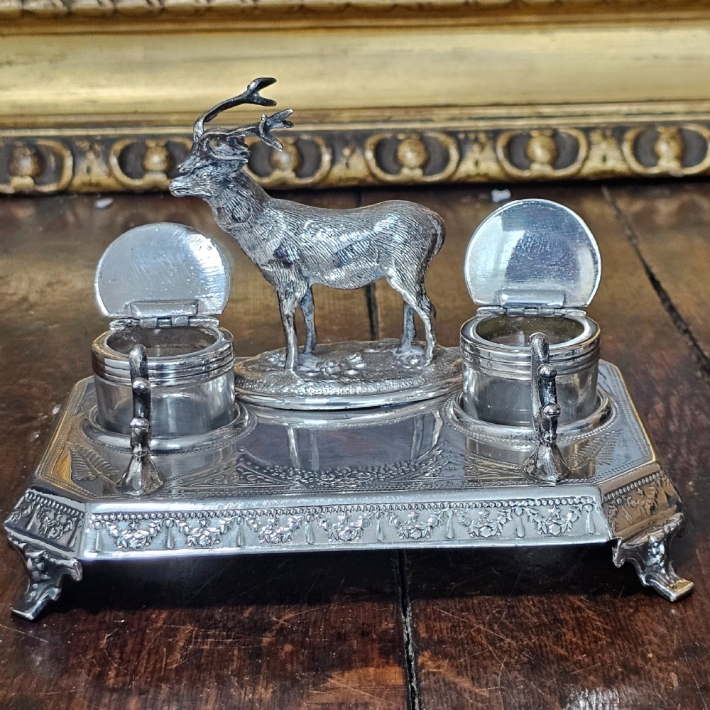 Superb James Deakin Silver Plated Stag Inkstand and Inkwells c1900 View II