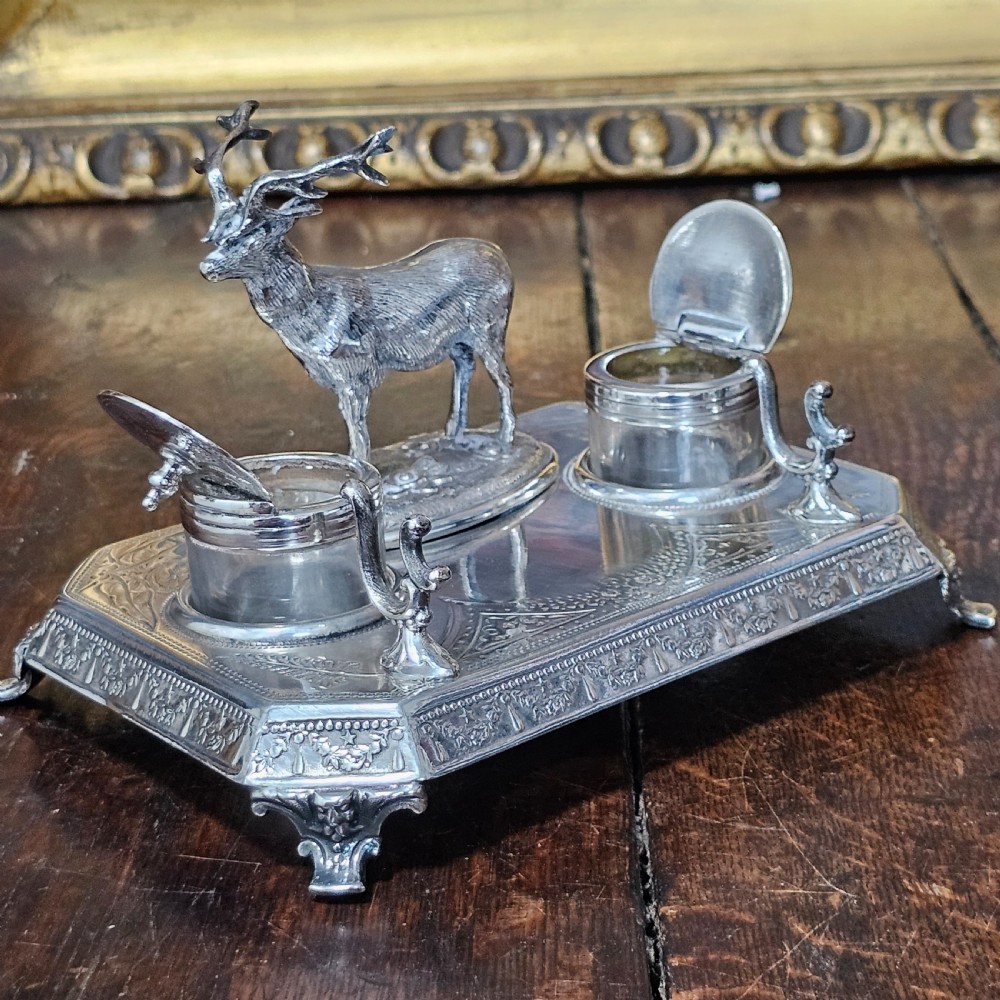 Superb James Deakin Silver Plated Stag Inkstand and Inkwells c1900 View III