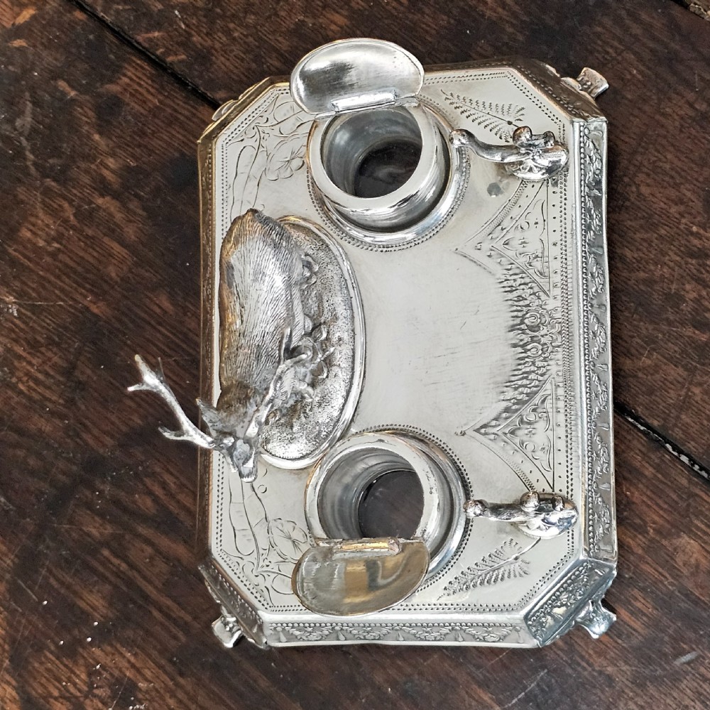 Superb James Deakin Silver Plated Stag Inkstand and Inkwells c1900 View IV