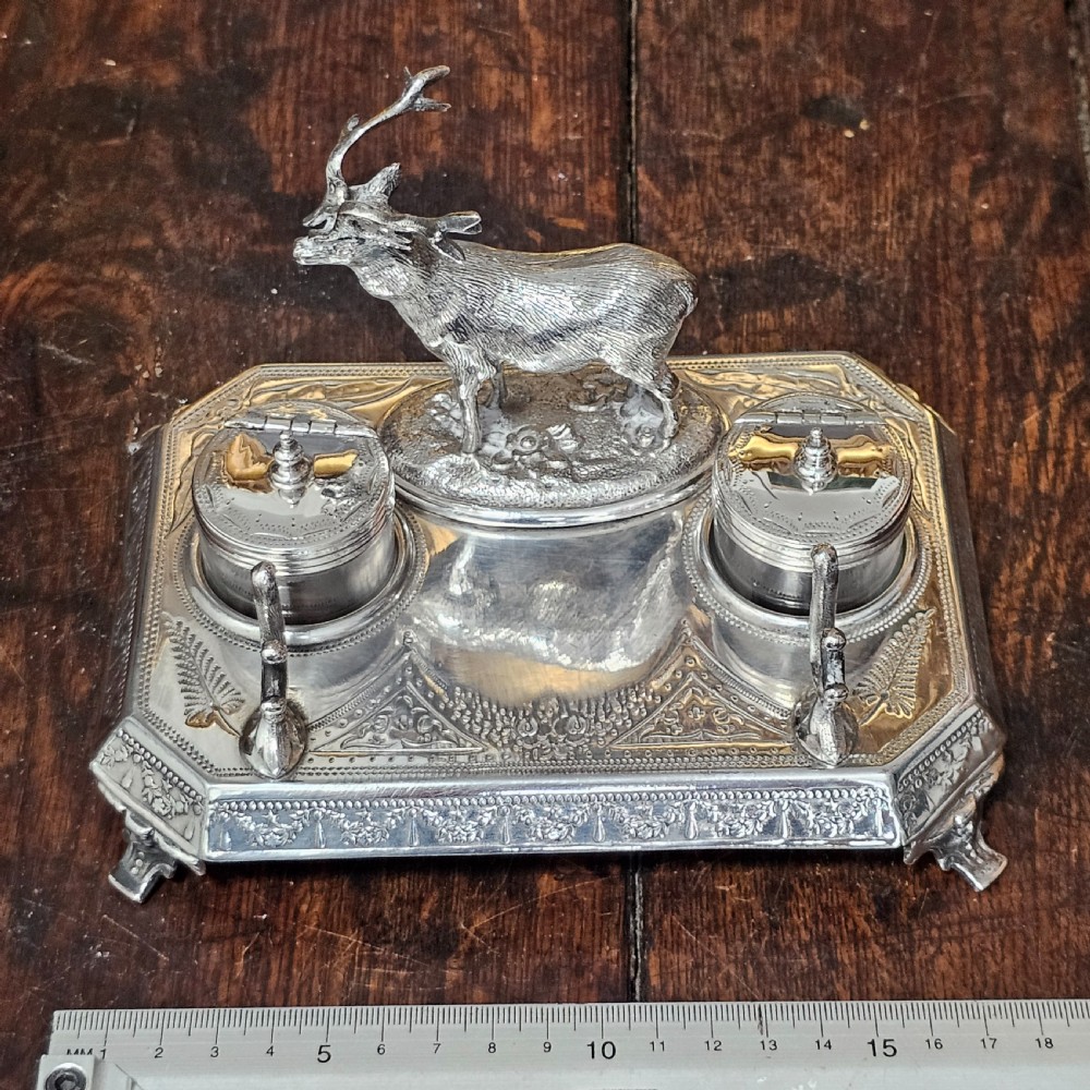 Superb James Deakin Silver Plated Stag Inkstand and Inkwells c1900 View VIII