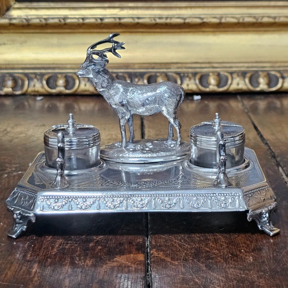 Superb James Deakin Silver Plated Stag Inkstand and Inkwells c1900 View IX
