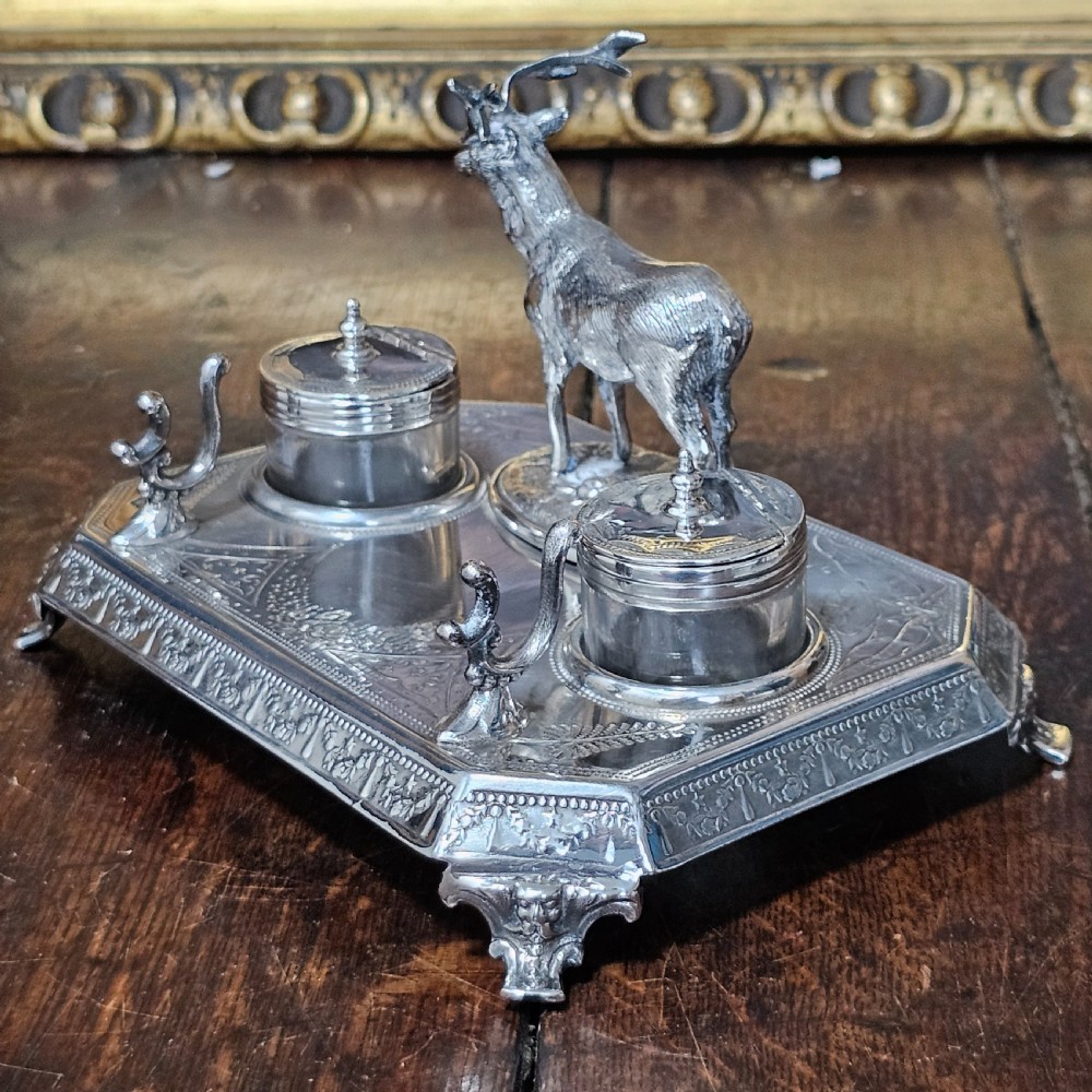 Superb James Deakin Silver Plated Stag Inkstand and Inkwells c1900 View X