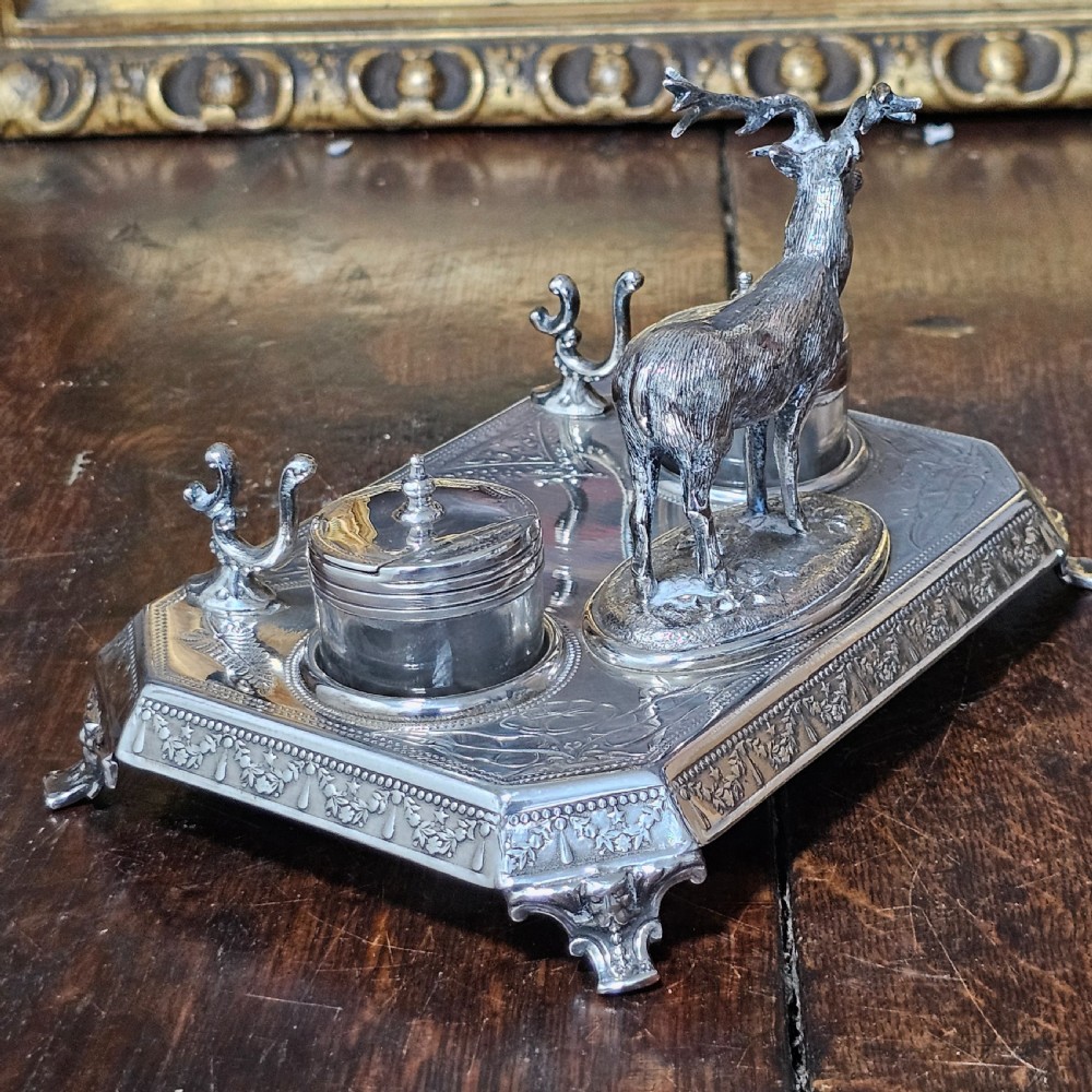 Superb James Deakin Silver Plated Stag Inkstand and Inkwells c1900 View XI