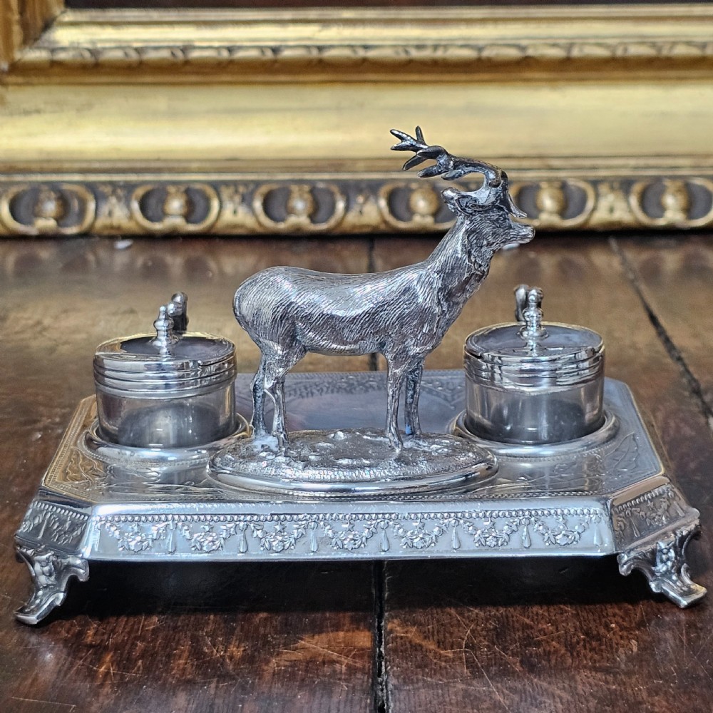 Superb James Deakin Silver Plated Stag Inkstand and Inkwells c1900 View XII