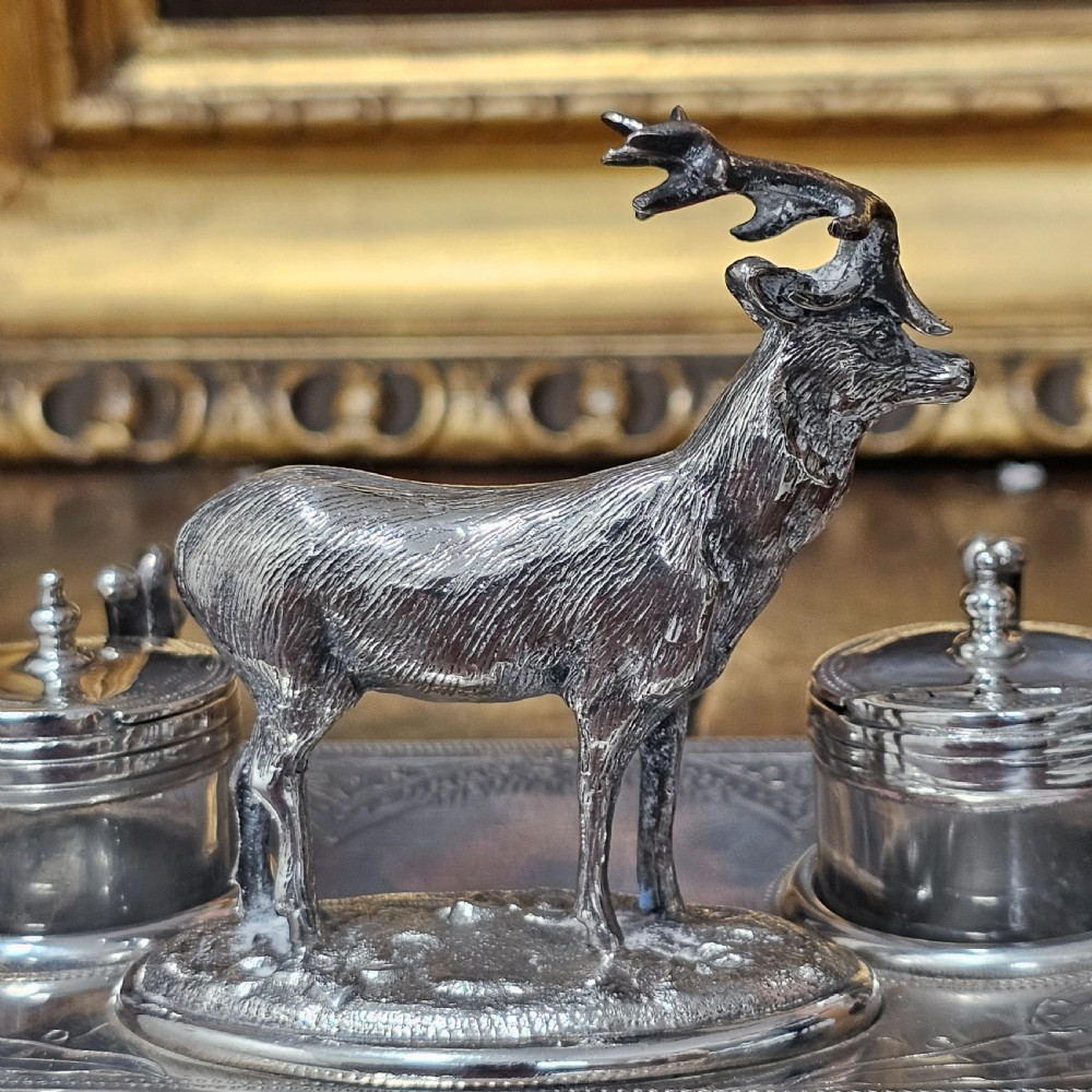 Superb James Deakin Silver Plated Stag Inkstand and Inkwells c1900 View XIII