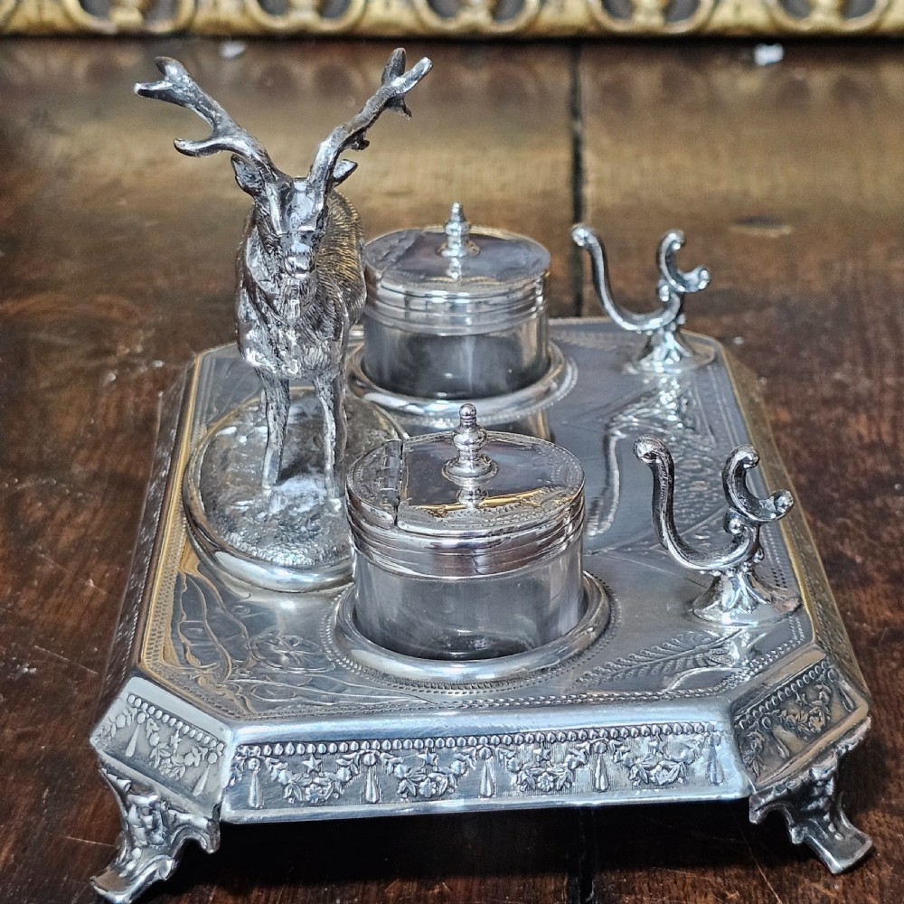 Superb James Deakin Silver Plated Stag Inkstand and Inkwells c1900 View XIV