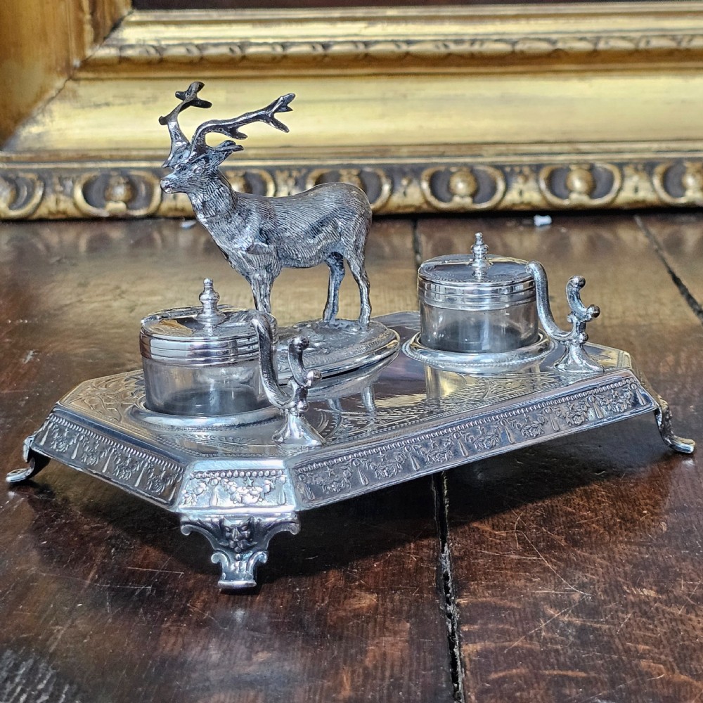 Superb James Deakin Silver Plated Stag Inkstand and Inkwells c1900 View XV