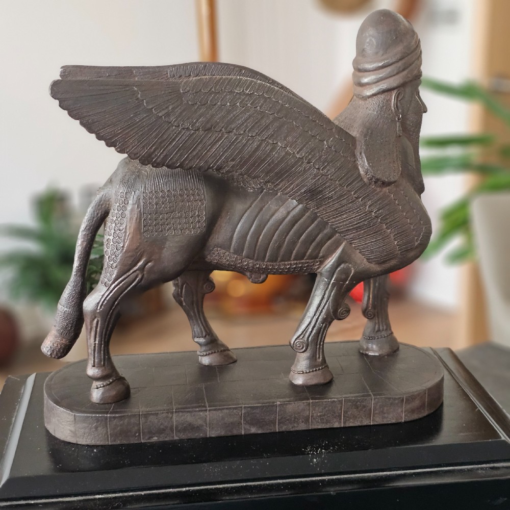 Very Large Rare Antique Bronzed Metal Human-headed winged lion (lamassu) Assyrian c1900 View XII
