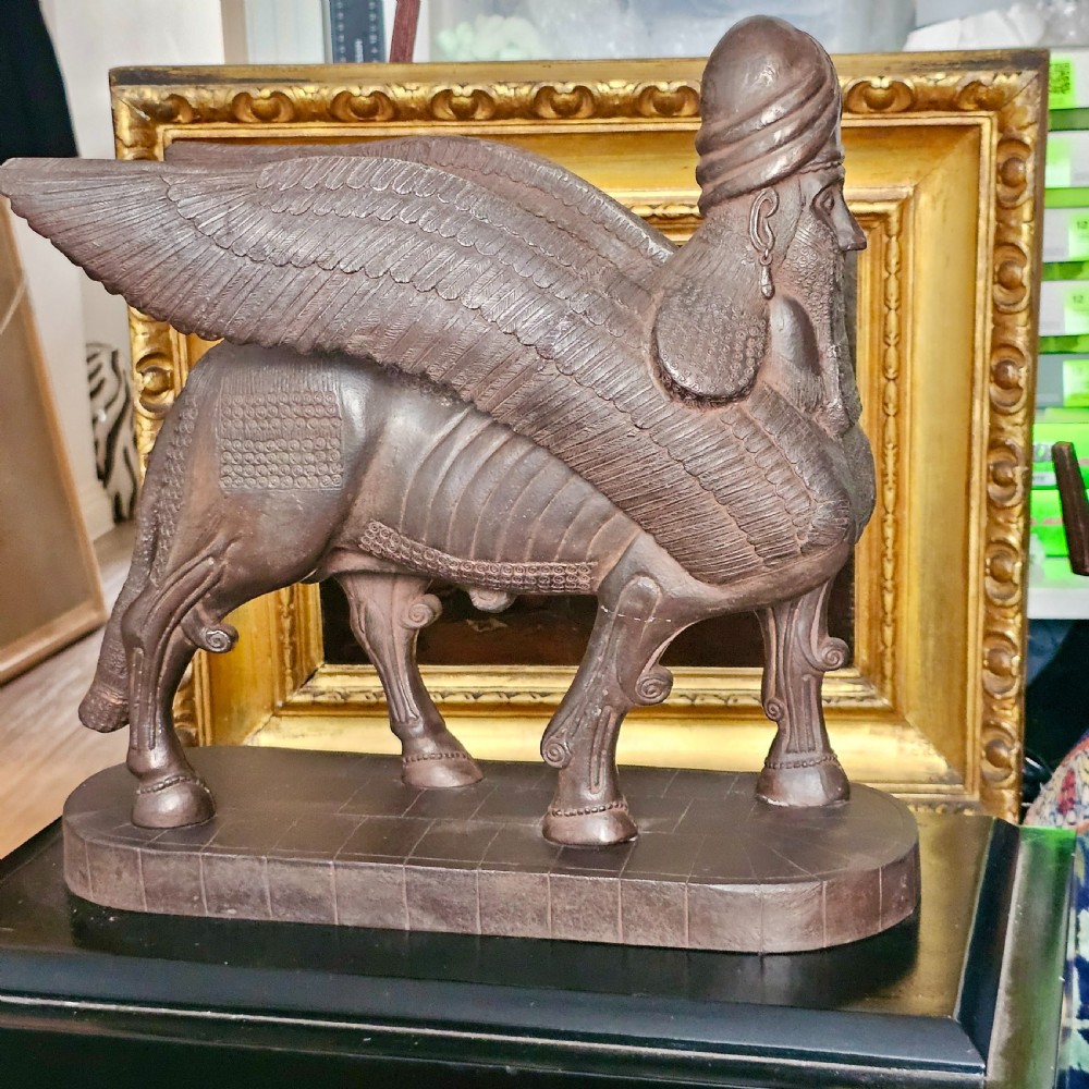 Very Large Rare Antique Bronzed Metal Human-headed winged lion (lamassu) Assyrian c1900 View XX