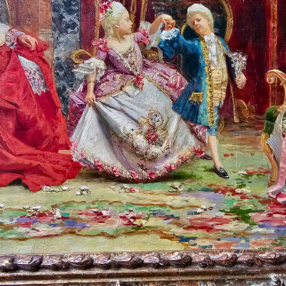 An antique oil on canvas painting by Joaquin Luque y Rosello depicting an elaborate 18th-century aristocratic salon gathering in a highly ornate gilt frame. View III