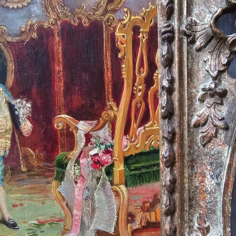 An antique oil on canvas painting by Joaquin Luque y Rosello depicting an elaborate 18th-century aristocratic salon gathering in a highly ornate gilt frame. View IV
