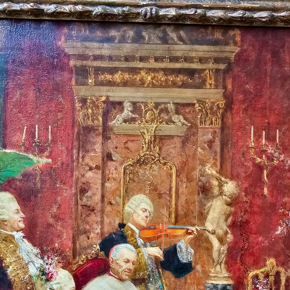 An antique oil on canvas painting by Joaquin Luque y Rosello depicting an elaborate 18th-century aristocratic salon gathering in a highly ornate gilt frame. View V