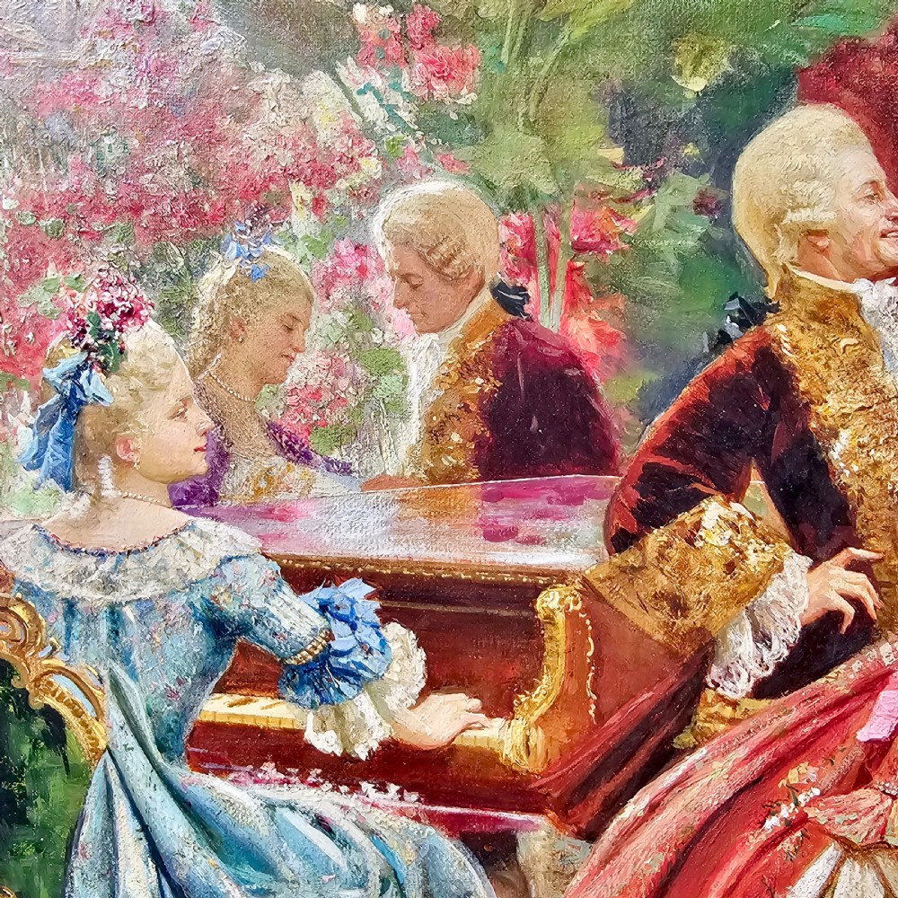 An antique oil on canvas painting by Joaquin Luque y Rosello depicting an elaborate 18th-century aristocratic salon gathering in a highly ornate gilt frame. View VII