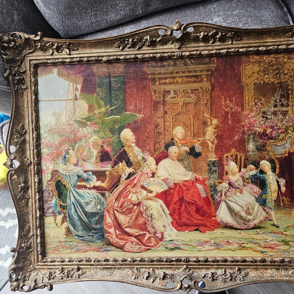An antique oil on canvas painting by Joaquin Luque y Rosello depicting an elaborate 18th-century aristocratic salon gathering in a highly ornate gilt frame. View VIII