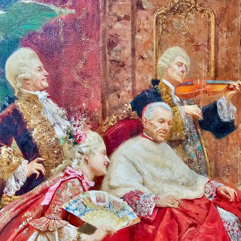 An antique oil on canvas painting by Joaquin Luque y Rosello depicting an elaborate 18th-century aristocratic salon gathering in a highly ornate gilt frame. View X