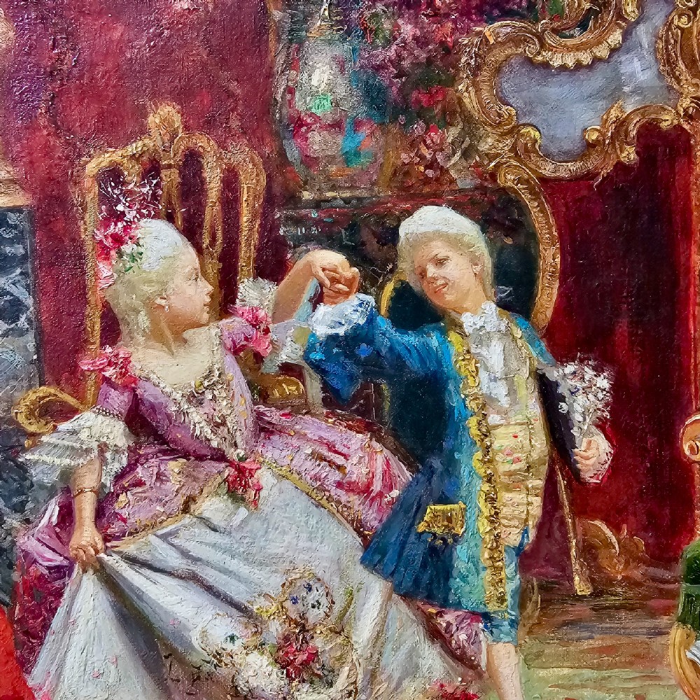 An antique oil on canvas painting by Joaquin Luque y Rosello depicting an elaborate 18th-century aristocratic salon gathering in a highly ornate gilt frame. View XI