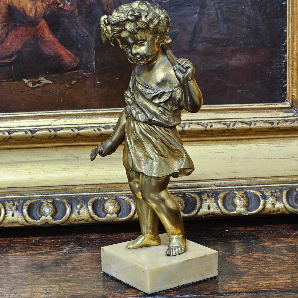 Good Quality 19Th Century Gilded Bronze Cherub 22cm