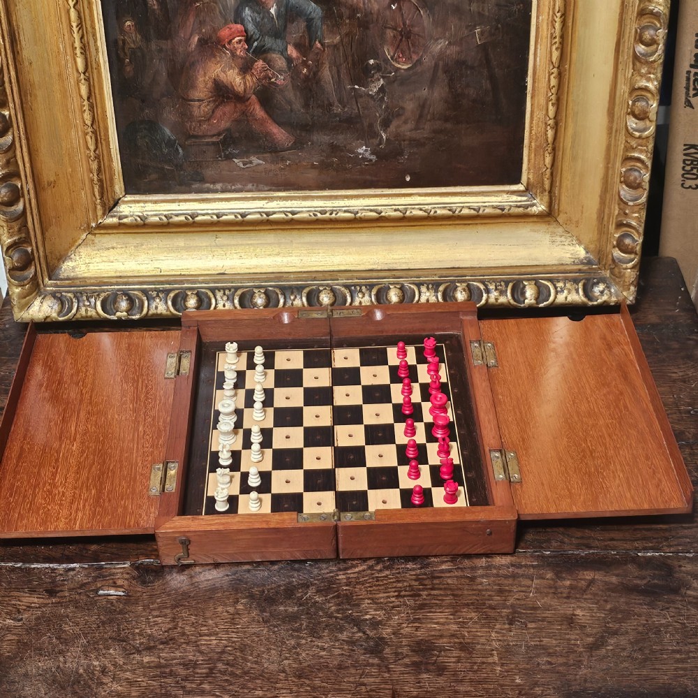 Late Victorian/Edwardian Mahogany And Ivory Travelling Chess Set