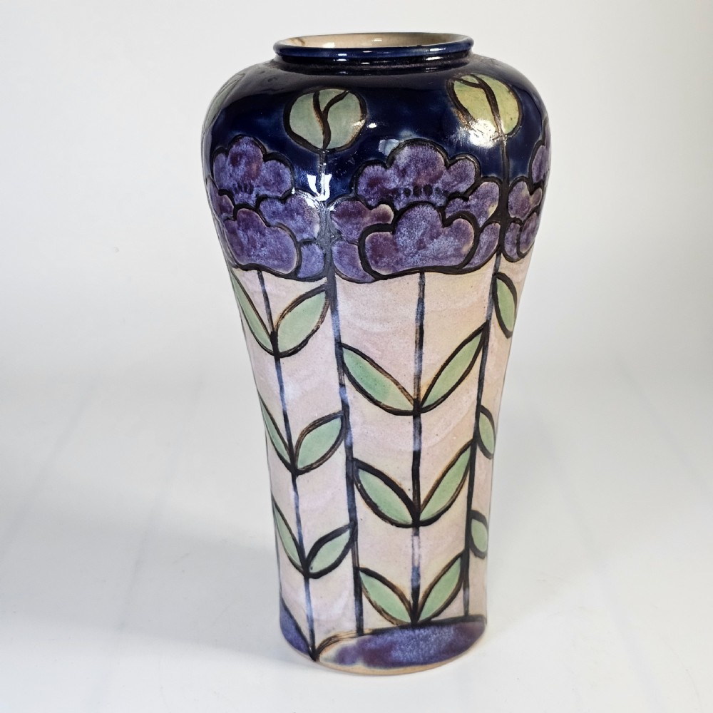 Attractive Early 20Thc Annie Lyons Royal Doulton Floral Vase In Blue, Purple And Creamy White